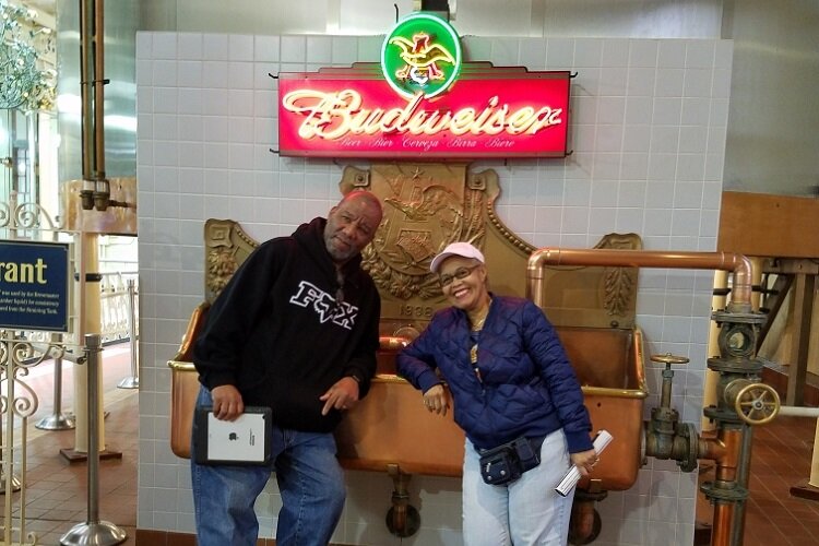 Fred Watkins and Carol Bell on a Senior Network tour of the Budweiser Plant in St. Louis.