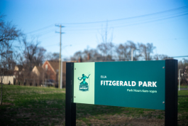 A sign welcomes visitors to Ella Fitzgerald Park.