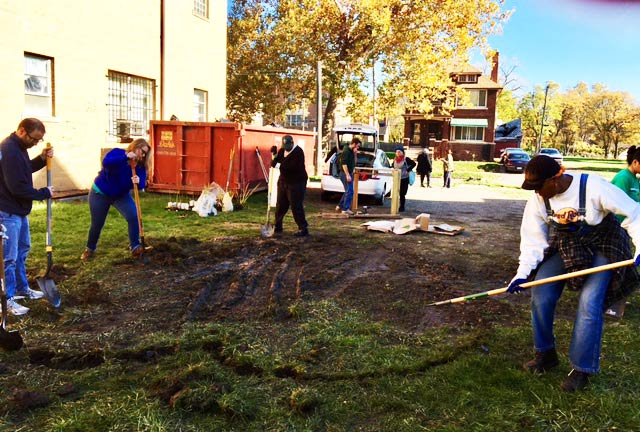 Volunteers learn how to construct rain gardens in Detroit's lower Eastside neighborhood. 