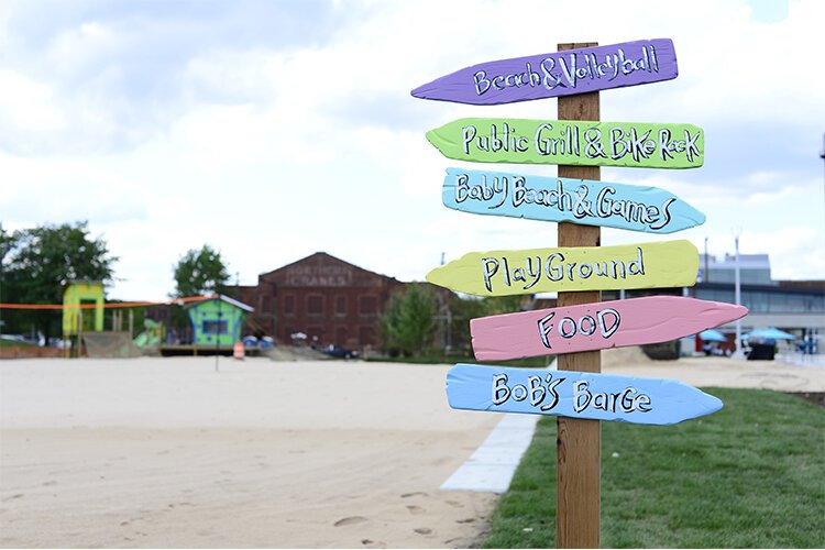 This park features a sandy beach, climbing playscapes, a musical garden, a floating bar, public barbecue grills, and more. 