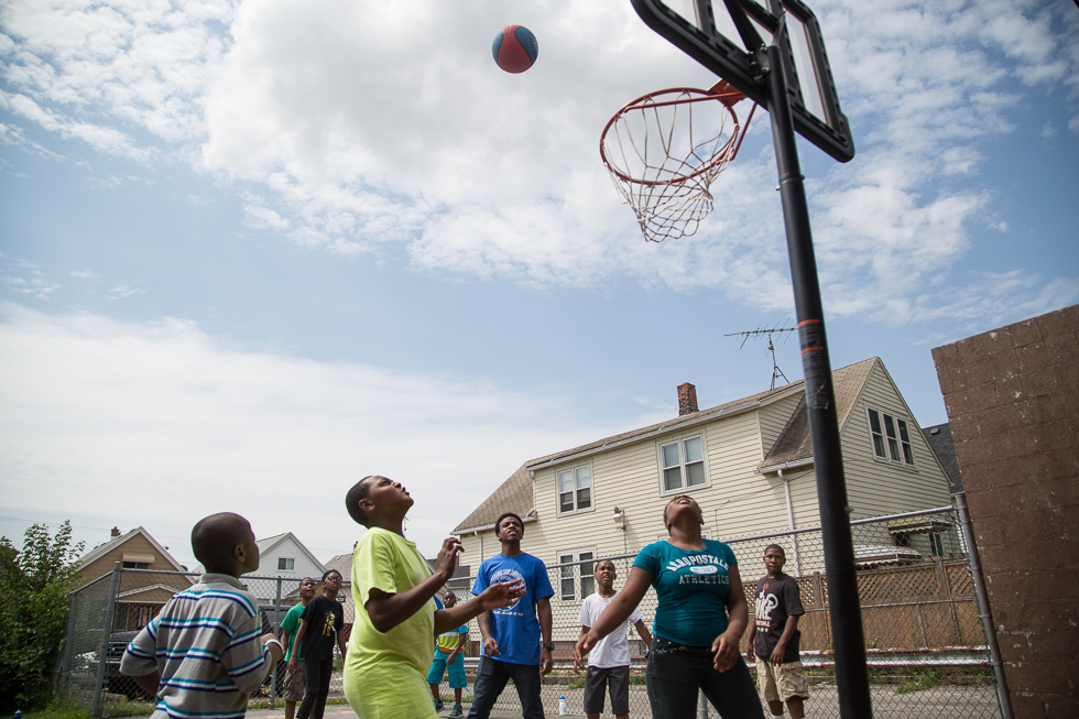 A basketball hoop in Pulaski Park