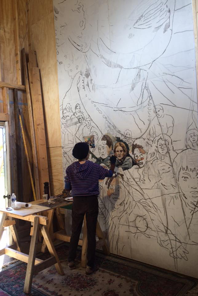 Nicole Macdonald working on the Mary Ellen Riordan mural