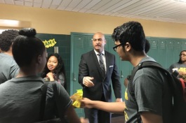Detroit schools Superintendent Nikolai Vitti greets students participating in a summer math program at Wayne State University