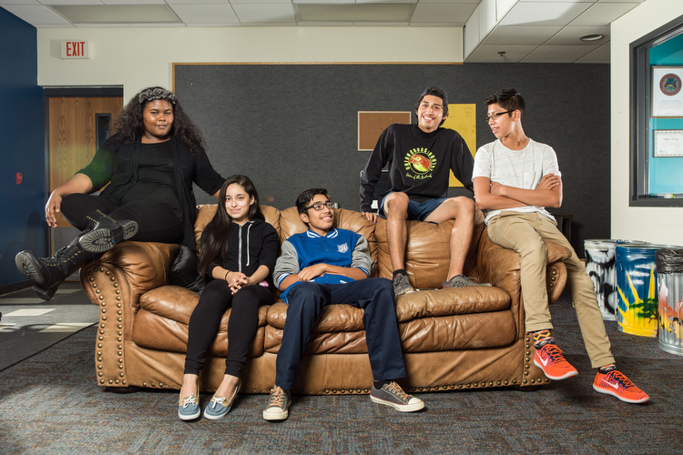 Grandville Avenue Arts and Humanities Teen Leaders in the Arts participants Egypt Kyles, Karen Pacheco, Emmanuel Zavala, Antonio Jaimes, and Edgar Jaimes.