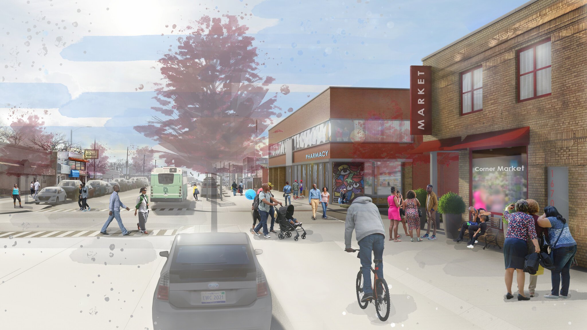 An artist’s rendering of what E. Warren Avenue could like following investment through the Strategic Neighborhood Fund