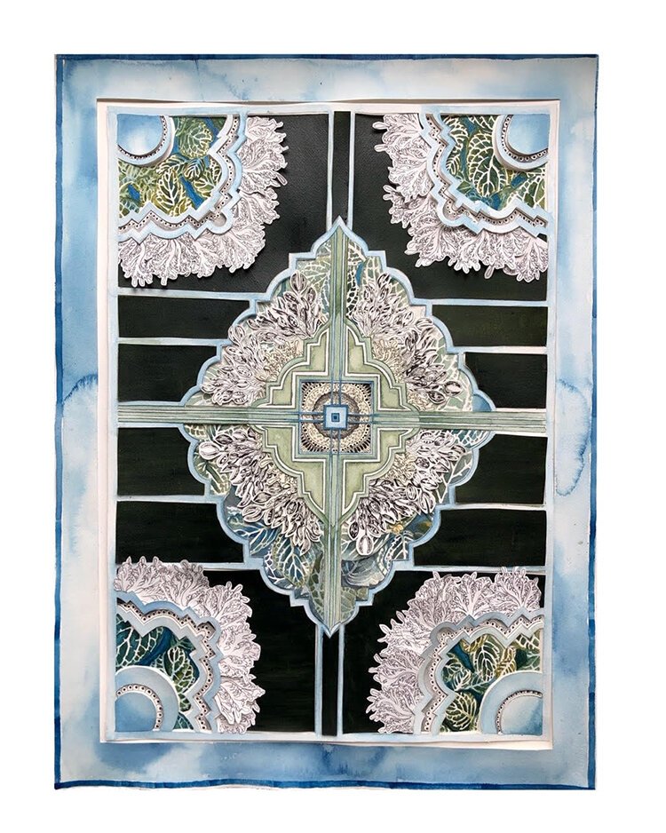 By Cyrah Dardas, “Aban- the waters” comprises handmade ink, handmade watercolor, and cut paper. 