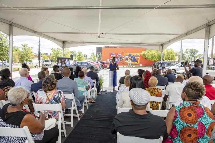 Diane Palmer, CEO of DP Marketing Strategies and Founder of B3 Elevation, speaks at an Aug. 11 press conference on Livernois, Detroit’s historic Avenue of Fashion.