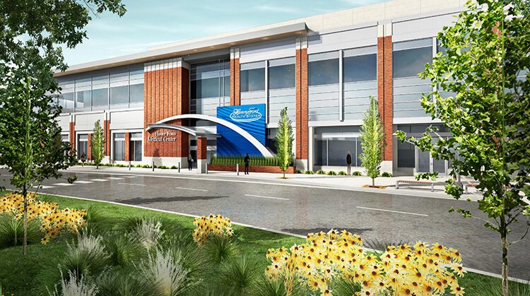 A rendering of the upcoming Bloomfield Township medical center, which will offer services such as cardiology, neurology, women’s health, and more.