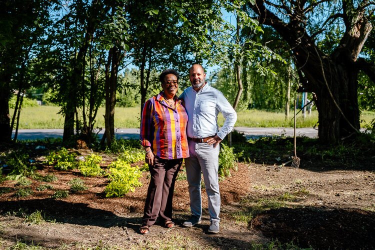 Phyllis Edwards and Dan Commer at the new pocket park.