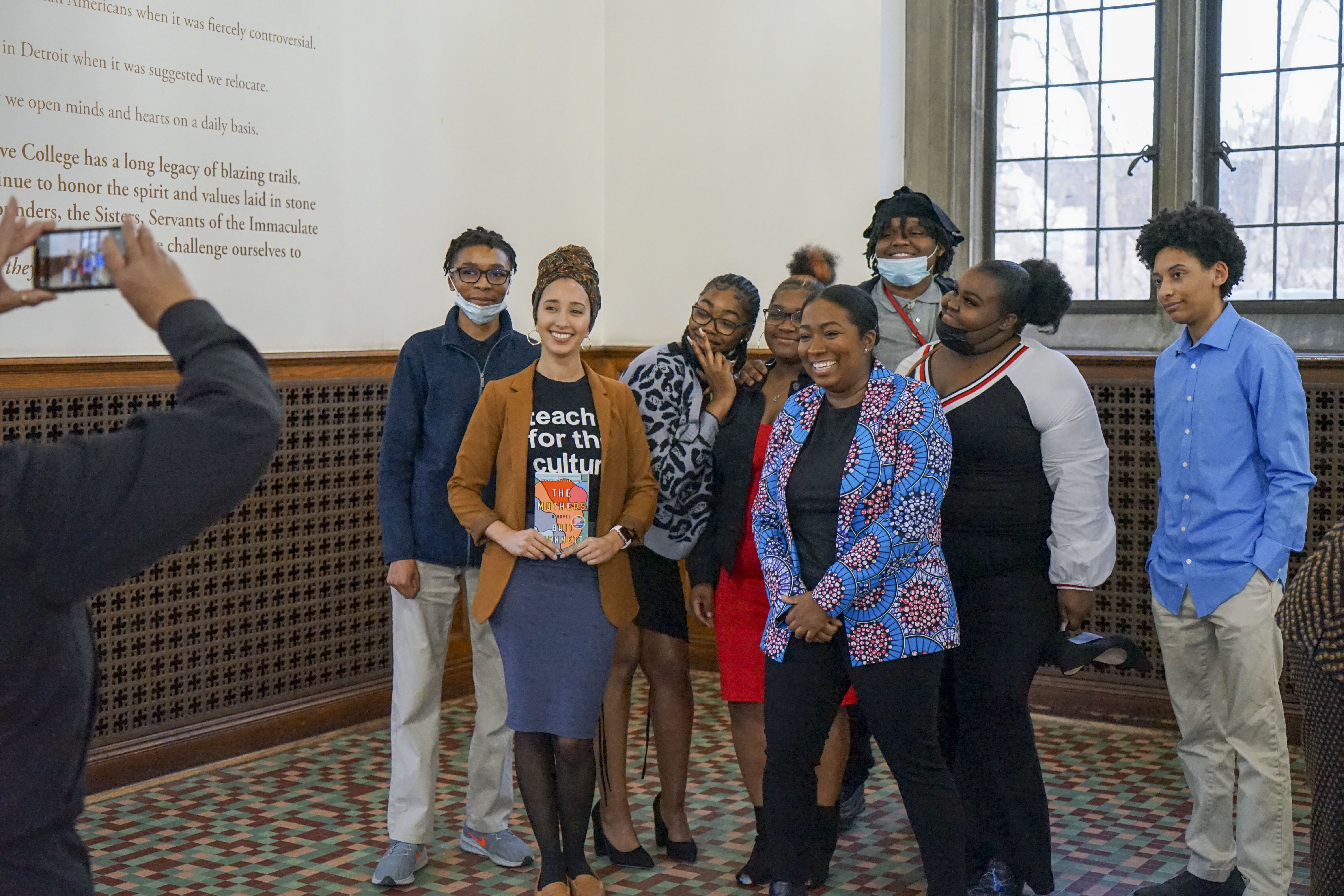 TSM Students and teacher Bayan Founas meet Brit Bennett. Photo:Sacred, Moon Reflections Photography