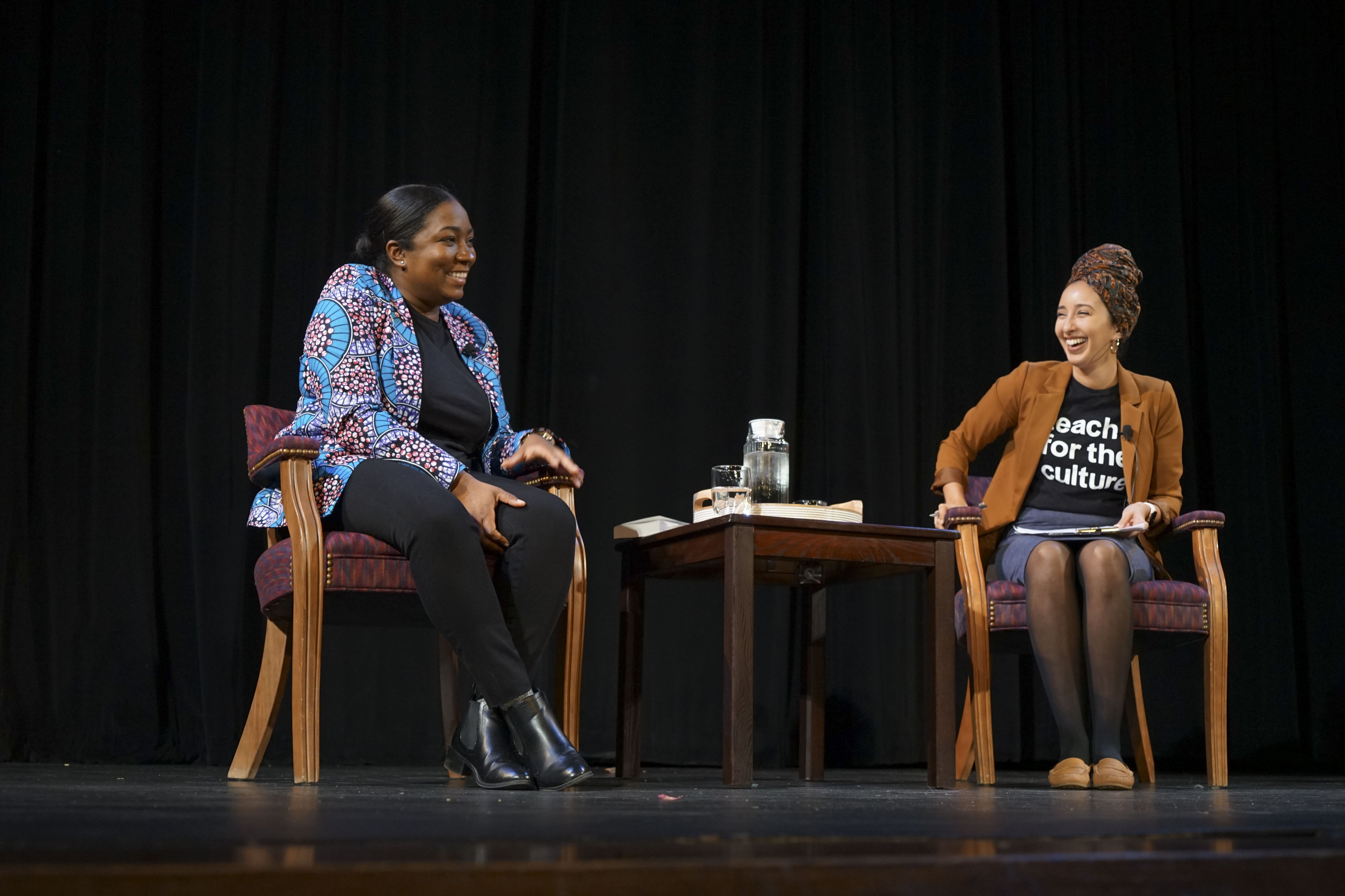 Bayan Founas, an English teacher at The School of Marygrove, interviews Brit Bennett at CAALS 2022.  Photo: Sacred, Moon Reflections Photography