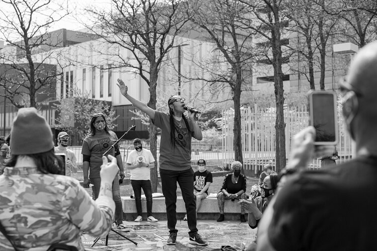 Geraldine McKissick speaks at a DED rally.