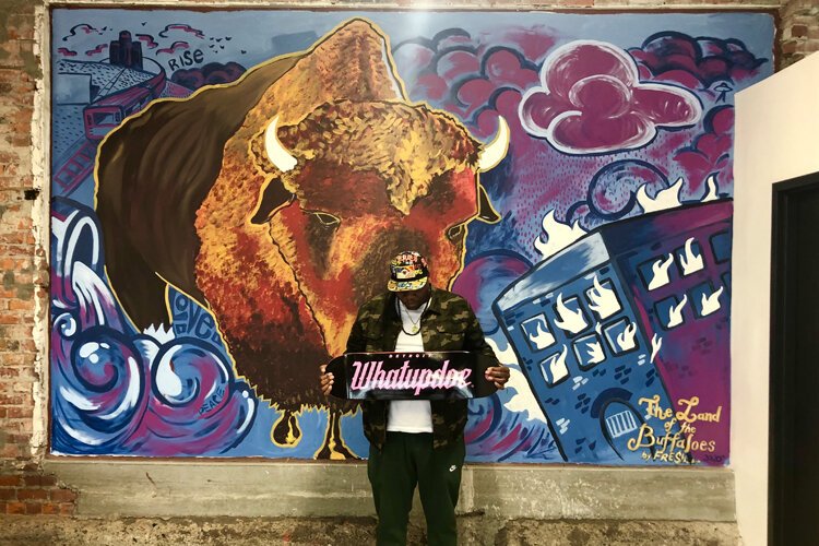 The Land of the Buffalos by Detroit artist, Fre$h. Rockwell says he wanted the American buffalo to be the mascot for Filthy Americans as an ode to the original people who were here before us. 