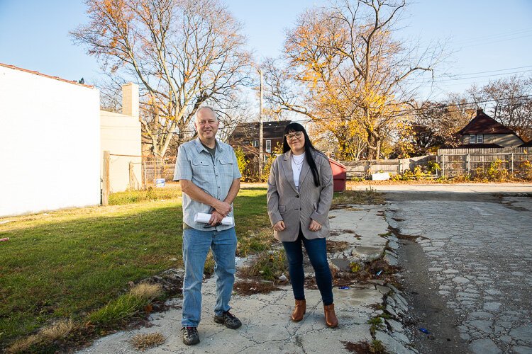 GRDC employees Tom Ridgeway and Becki Kenderes stand at site of proposed lot.