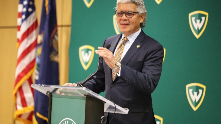 Wayne State President M. Roy Wilson speaks at the announcement of the Wayne State Guarantee.