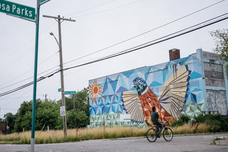 The North Corktown Pheasant  mural was created by Bob Spence in 2015.