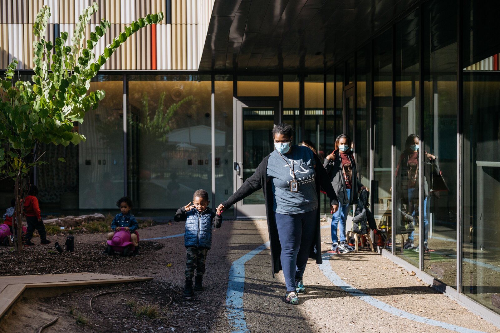 Each classroom is connected to an outdoor courtyard or playground. 