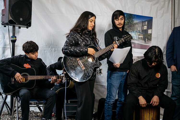 Musicians from Compas, a local youth arts program, play at the La Joya Gardens groundbreaking.