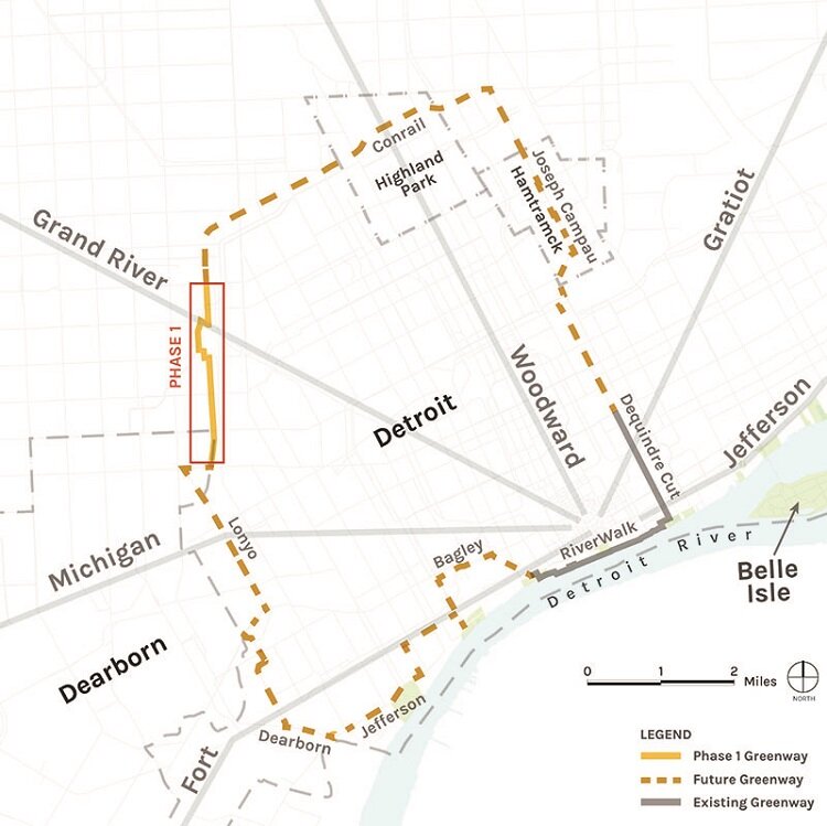A map of the planned Joe Louis Greenway route.