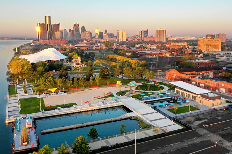 Robert C. Valade Park offers several opportunities for play on Detroit's East Riverfront.