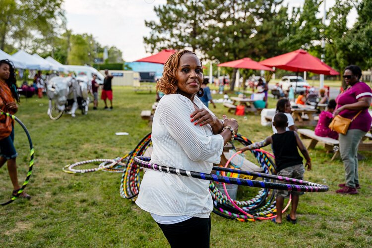Bernadette King, a 29-year veteran of the Henry Ford Health System where she coordinates special projects, first brought her love of hooping to others a decade ago as part of a "recess at work" program. Photo by Nick Hagen. 