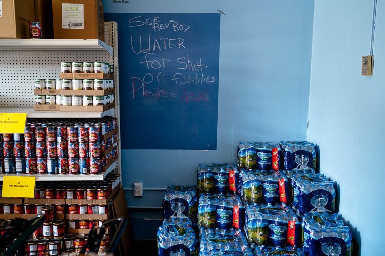 Bottled water at Brightmoor Food Pantry.