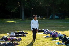 Kerrie Trahan teachers yoga at Detroit's Palmer Park.