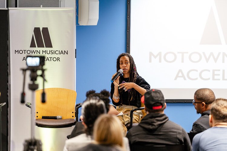 Motown Musician Accelerator Program Director Suai Kee leads a workshop at TechTown