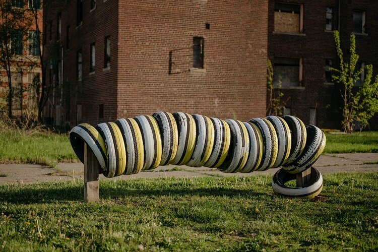 A tire sculpture at the Osborn learning garden.