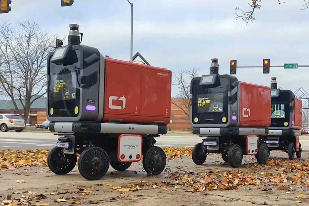 Autonomous "Ottobots" from Ottonomy, one of the companies partnering in Orange Sparkle Ball's food waste pick-up pilot in Corktown.