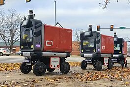 Autonomous "Ottobots" from Ottonomy, one of the companies partnering in Orange Sparkle Ball's food waste pick-up pilot in Corktown.