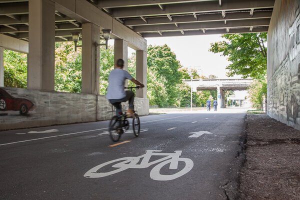 A cyclist on the Dequindre Cut.