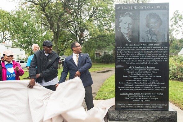 Deputy Mayor Todd Bettison joins Viola Liuzzo Park Association President Artis Johnson, Elaine Steele, co-founder of Raymond & Rosa Parks Institute and family members unveil the new monument.