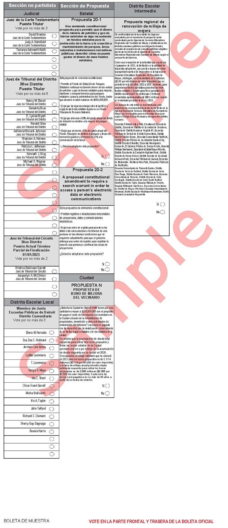 A sample ballot for Precinct 424 in Detroit.