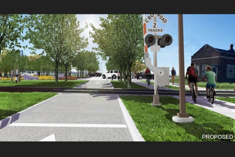 Rendering of scene by railroad track after renovations.