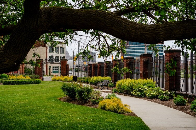 A bench and garden at Scripps Park