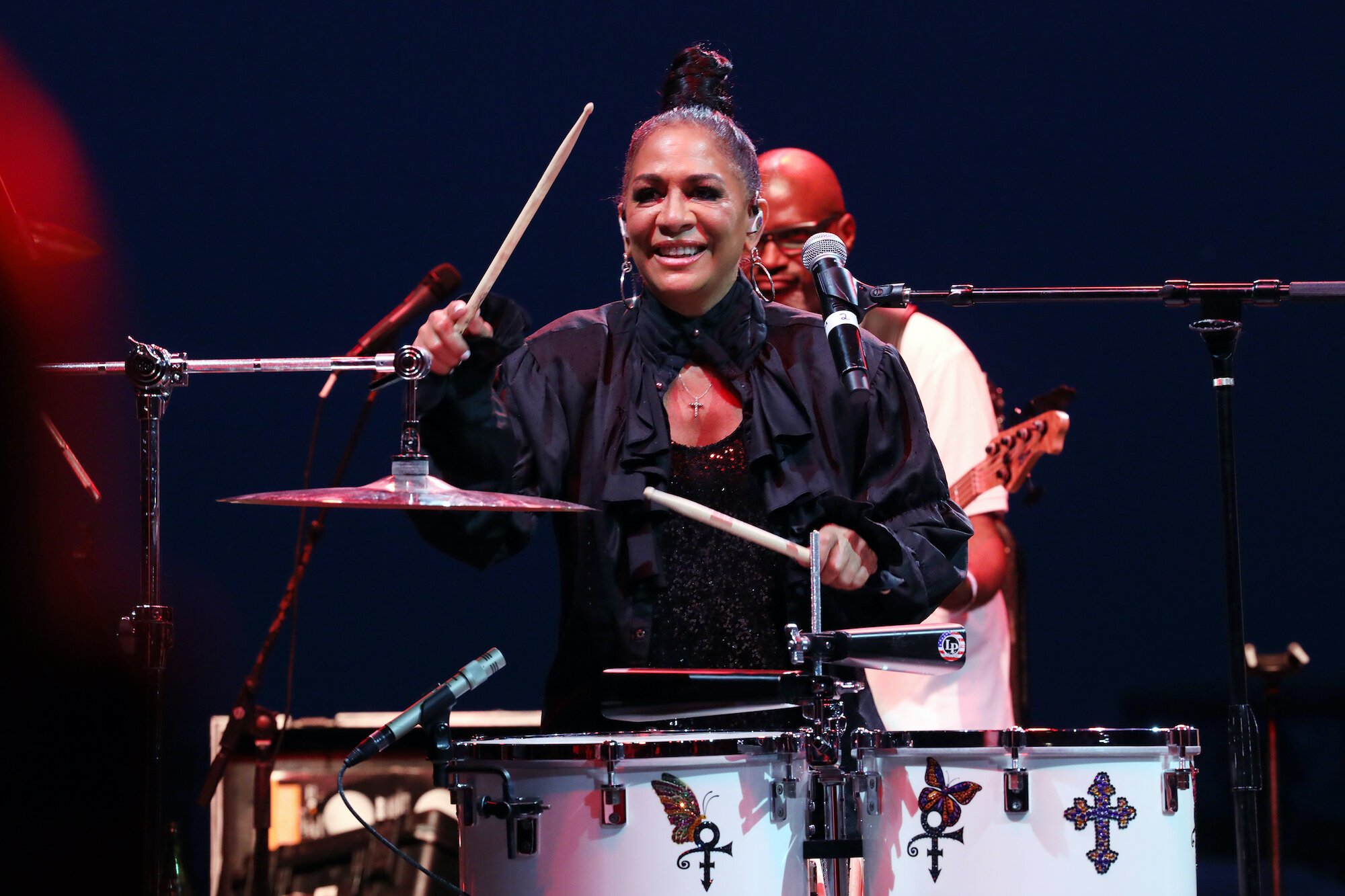 The incomparable Sheila E wore a shirt belonging to Prince. The Purple Rain tour in 1984 kicked off in Detroit on November 4, 1984. The percussionist called her return to The Aretha post-COVID “a full-circle moment.” Photo by Monica Morgan.