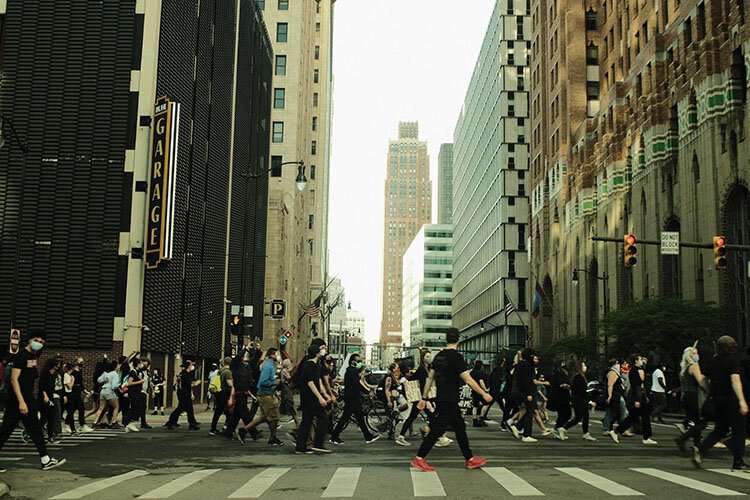 Protesters take to the streets in downtown Detroit.