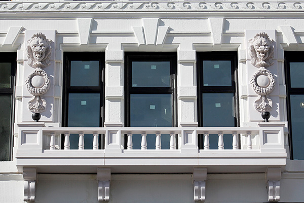 Recreated elements of 1425 Woodward include three balustrades and two ornamental lions’ heads