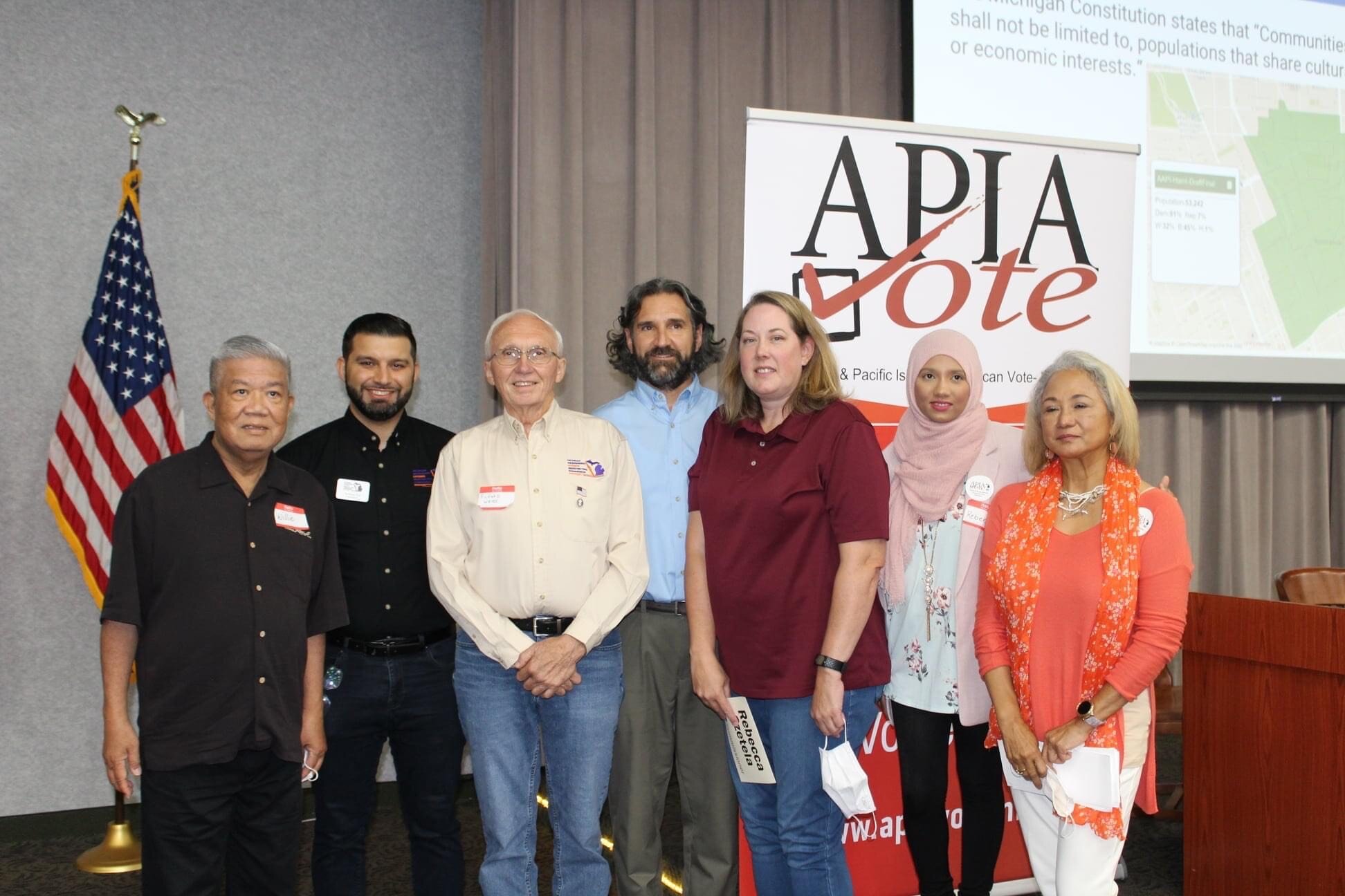 From left to right: APIA president Willie Dechavez, Commissioner Anthony Eid, Commissioner Richard Weiss, Commissioner M.C. Rothhorn, Commissioner Rebecca Szetela, APIA executive director Rebeka Islam, APIA VP Leinda Schleicher