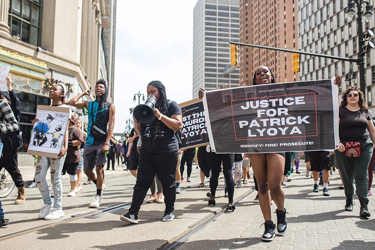 Detroit Heals Detroit protest for Patrick Lyoya, June 2022 (Sirrita Darby with the bullhorn)