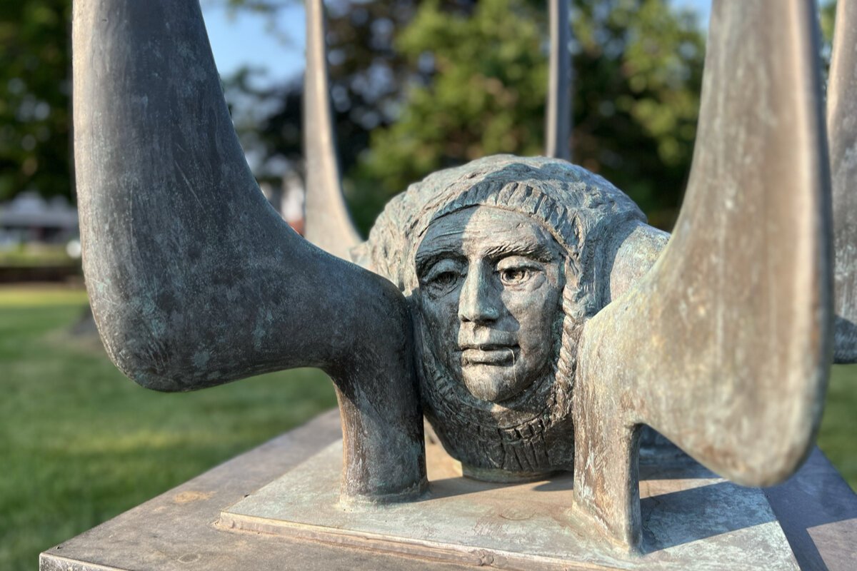 A closeup of "The 125th Anniversary Sculpture" by Kegham Tazian.