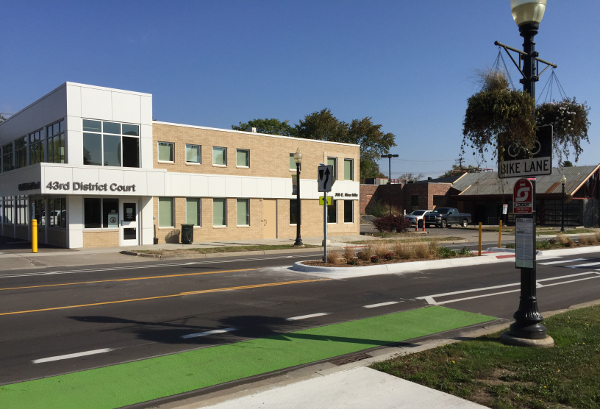 A new colored bike lane on W. 9 Mile Road in Ferndale