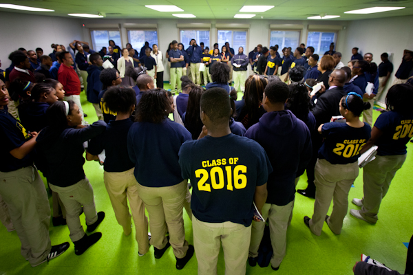 Ninth grade academy students begin morning Restorative Practice session