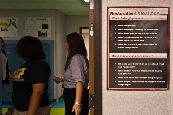 Posters hung on classrooms walls list Restorative Questions and serve as a reminder for PEC students.