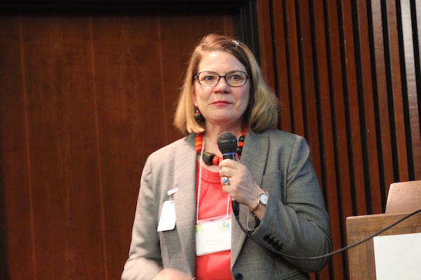 Maud Lyon, executive director of CultureSource, speaks to local nonprofit arts groups in April at the CultureSource annual conference at the Detroit Public Library. Photo by Clare Pfeiffer