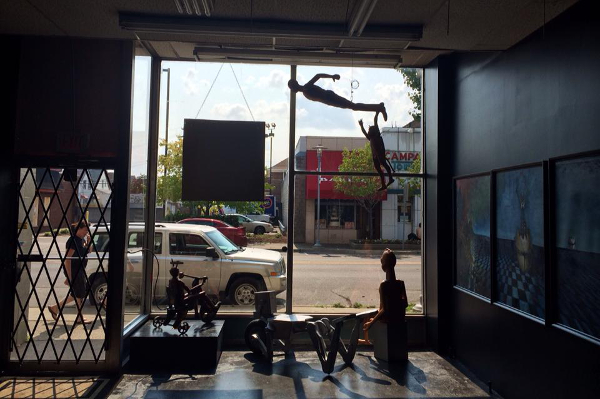 Looking out on Jos Campau from the Atomic Cafe