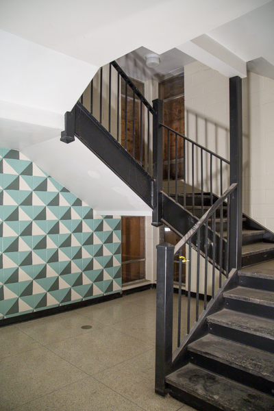 A lounge area underneath a staircase at St. Vincent