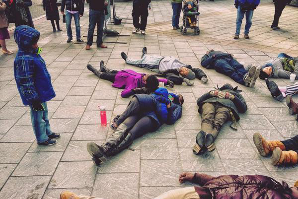 A "Die In" protest against police brutality in Campus Martius Park