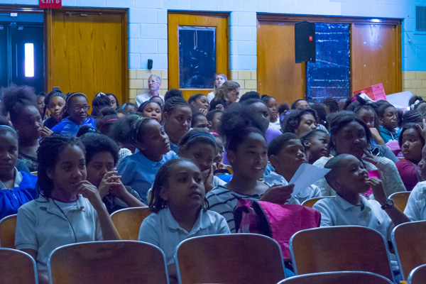 Students at Cooke Elementary watch the DSO via webcast